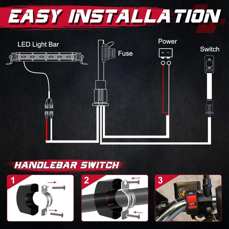 OFFROADTOWN Motorcycle LED Lights Wiring Harness Kit with Handlebar Switch 10A Fuse 1 Lead Light Bar Harness for ATV Dirt Bike Ebike Scooters Auxiliary Driving Fog Lights - Image 5